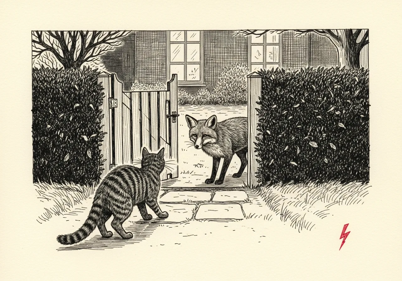 An etched pen-and-ink illustration with a red accent, evoking "The cat arches its back".