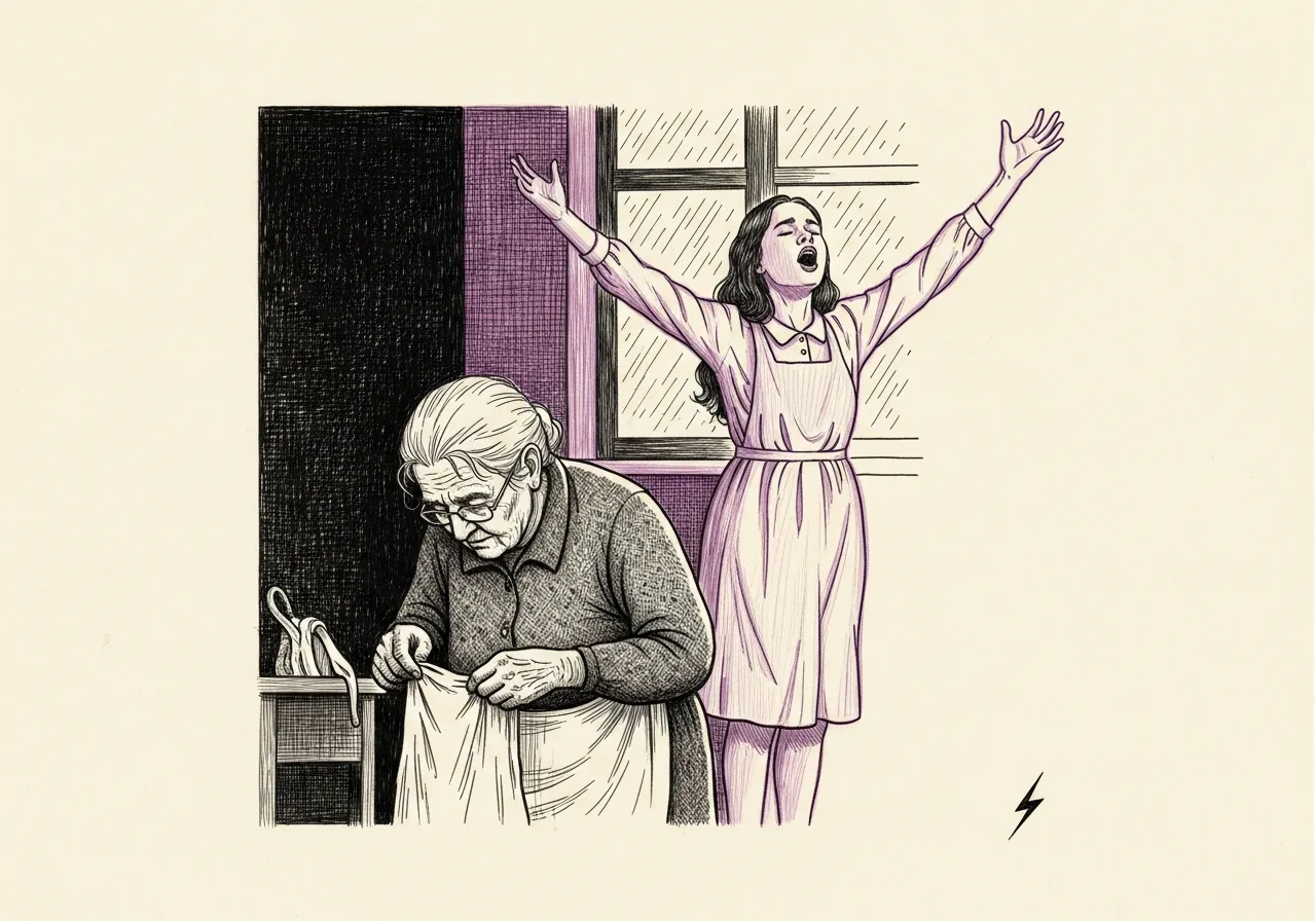 An etched pen-and-ink illustration with a purple accent, evoking "Weary to the bone,".