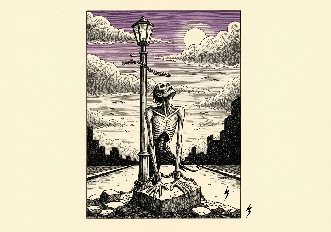 An etched pen-and-ink illustration with a purple accent, evoking "I may be".