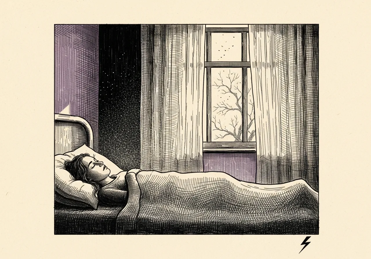 An etched pen-and-ink illustration with a purple accent, evoking "In death we trust.".