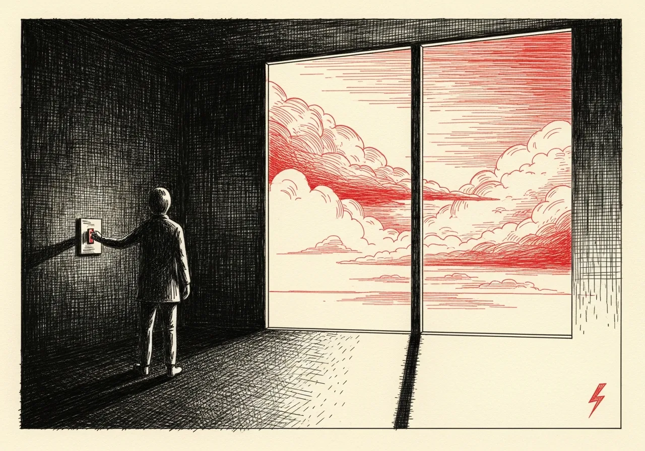 An etched pen-and-ink illustration with a red accent, evoking "No matter the day,".