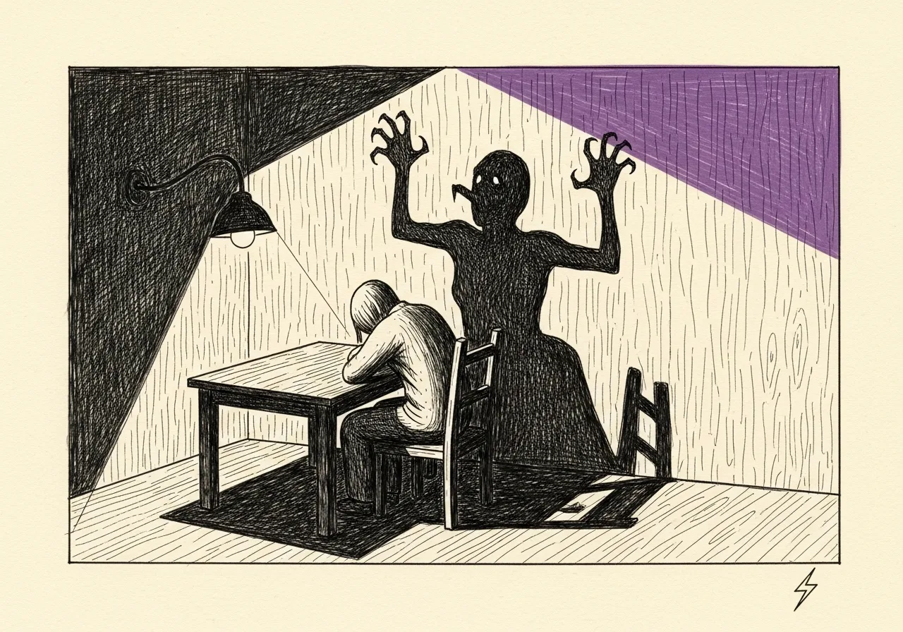 An etched pen-and-ink illustration with a purple accent, evoking "Can you see the demon,".