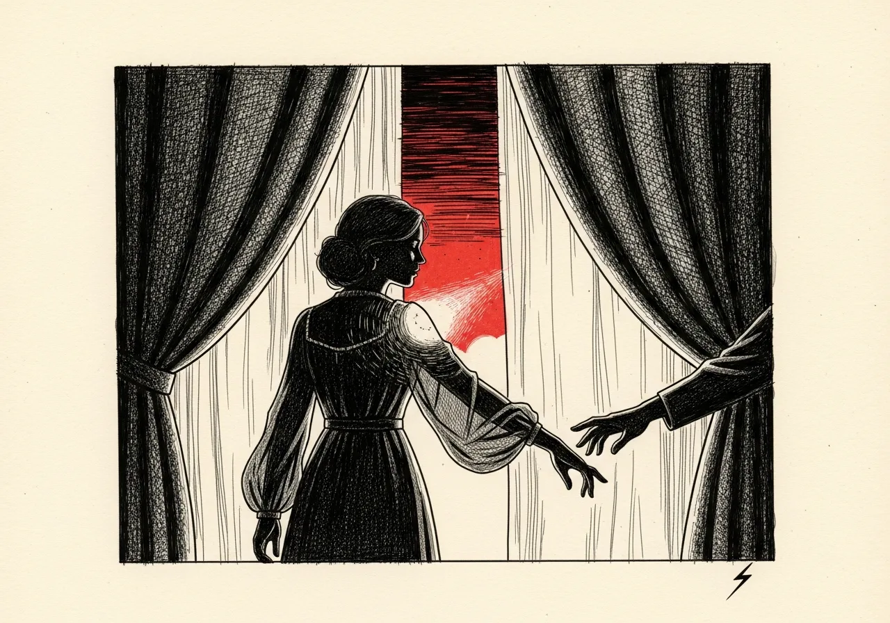 An etched pen-and-ink illustration with a red accent, evoking "Written in memory.".