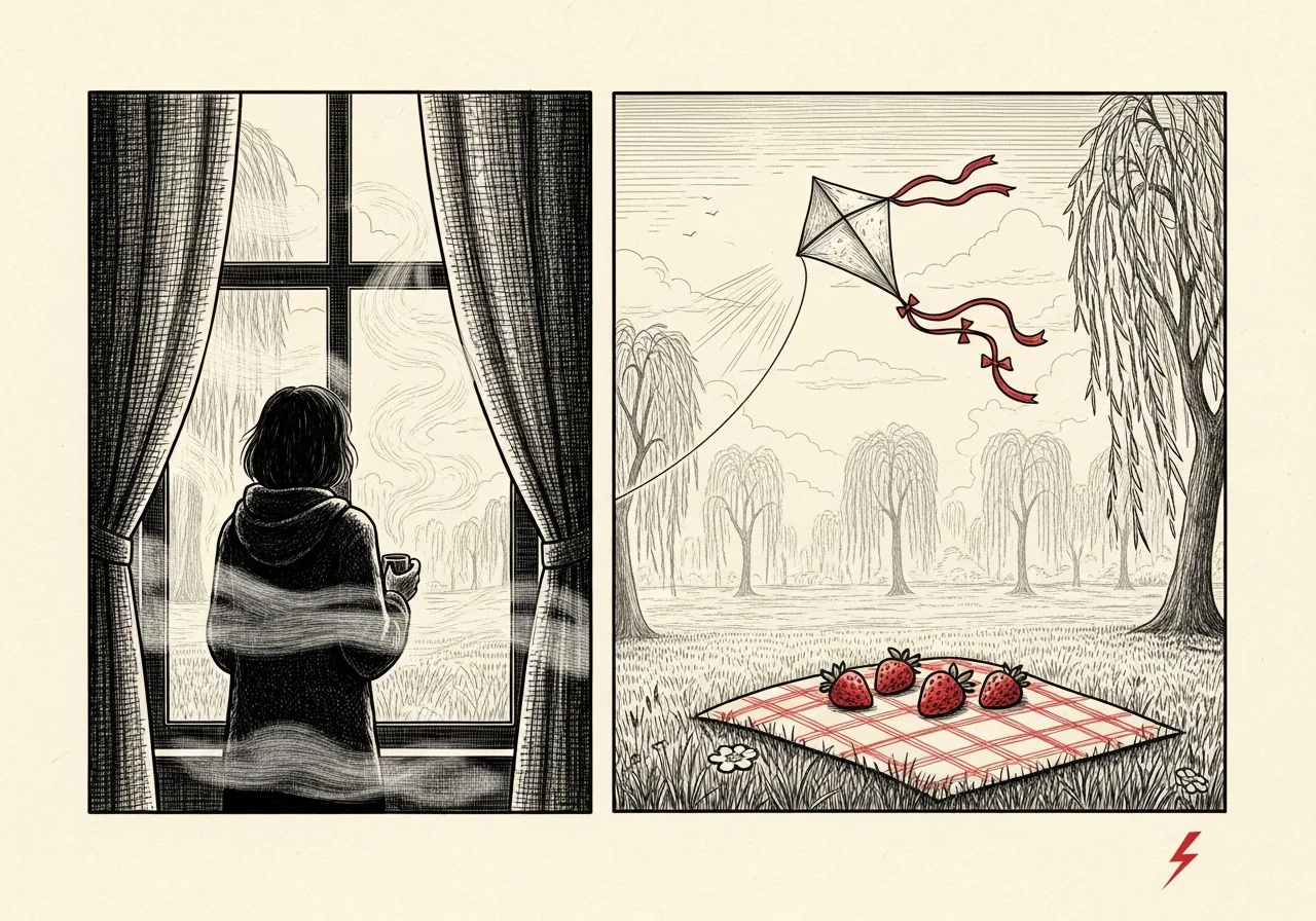 An etched pen-and-ink illustration with a red accent, evoking "Hopefully, I will do a full walk today.".