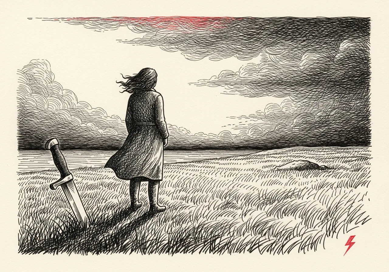 An etched pen-and-ink illustration with a red accent, evoking "Death is an unkind cut".