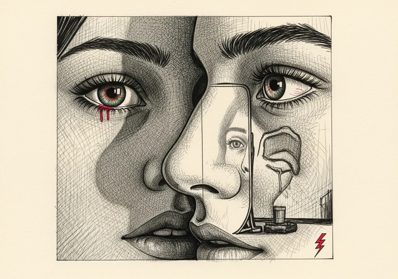 An etched pen-and-ink illustration with a red accent, evoking "Who are you now?".