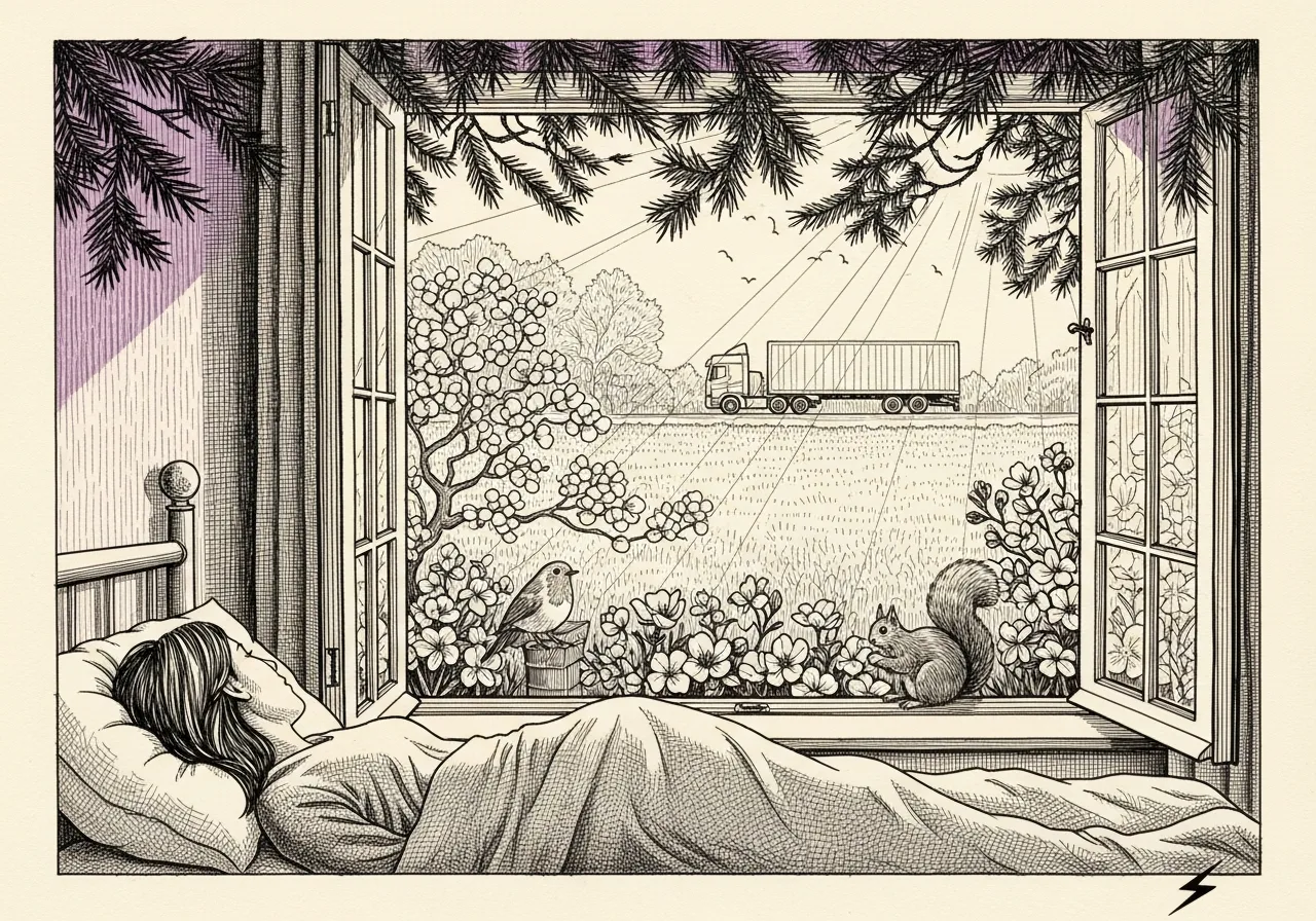 An etched pen-and-ink illustration with a purple accent, evoking "It is a strange proximity.".