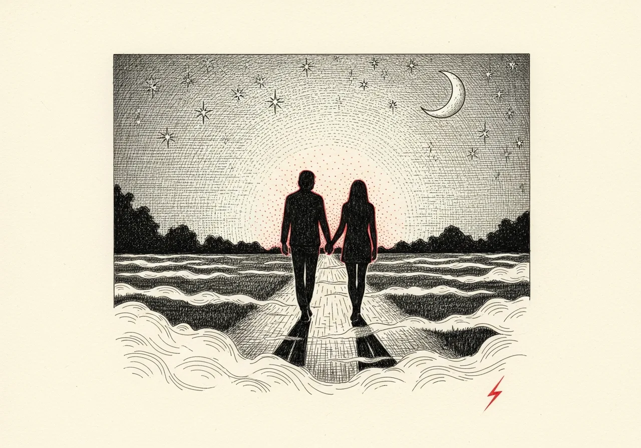 An etched pen-and-ink illustration with a red accent, evoking "We are here".