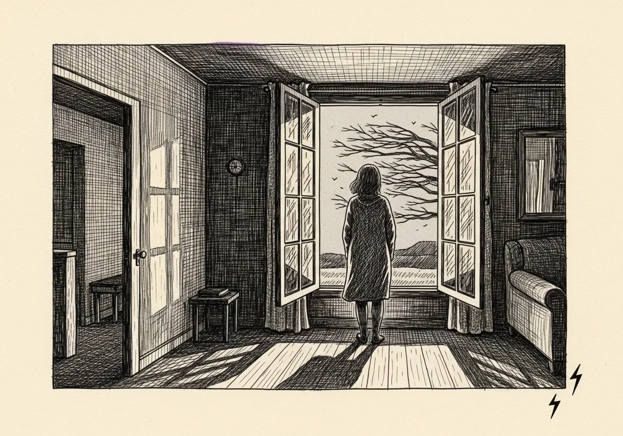 An etched pen-and-ink illustration with a purple accent, evoking "I can wander".