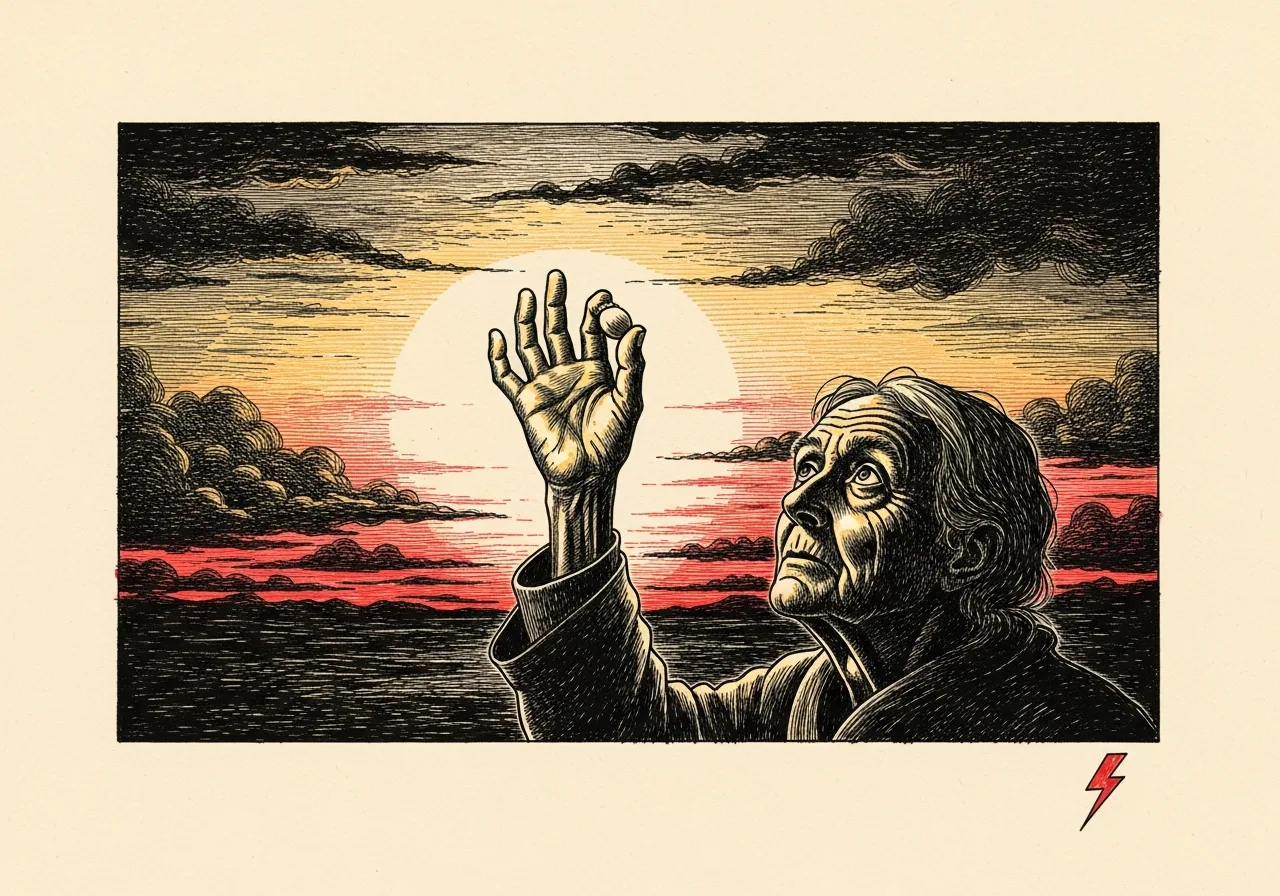 An etched pen-and-ink illustration with a red accent, evoking "Another time passages.".