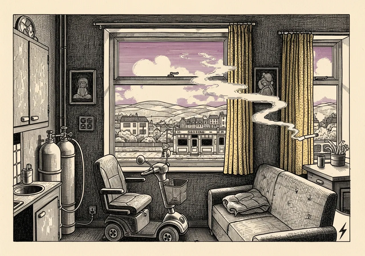 An etched pen-and-ink illustration with a purple accent, evoking "Well done her.".