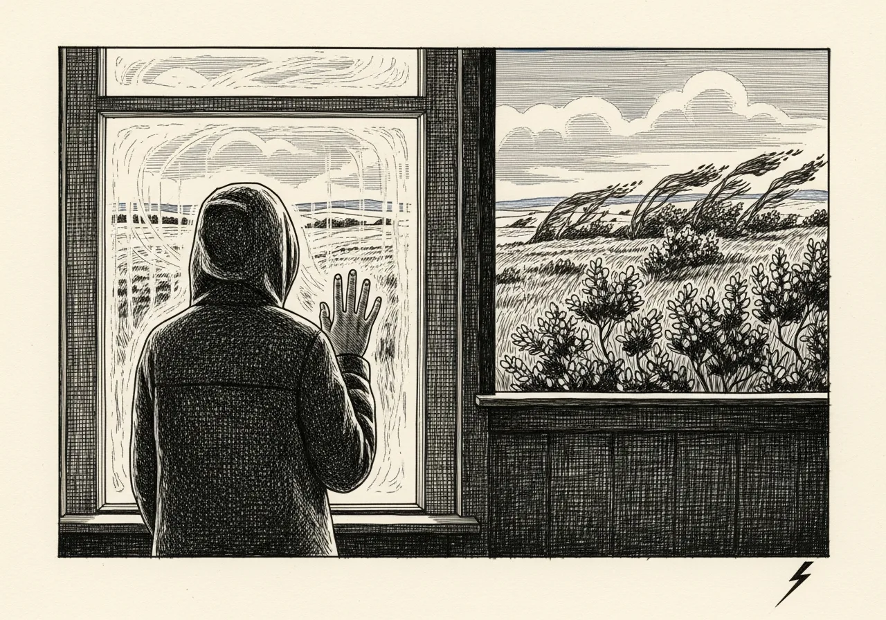 An etched pen-and-ink illustration with a blue accent, evoking "It is dry but cold and windy this morning. Great. Not.".