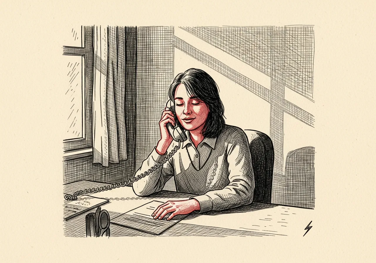 An etched pen-and-ink illustration with a red accent, evoking "An early morning call.".