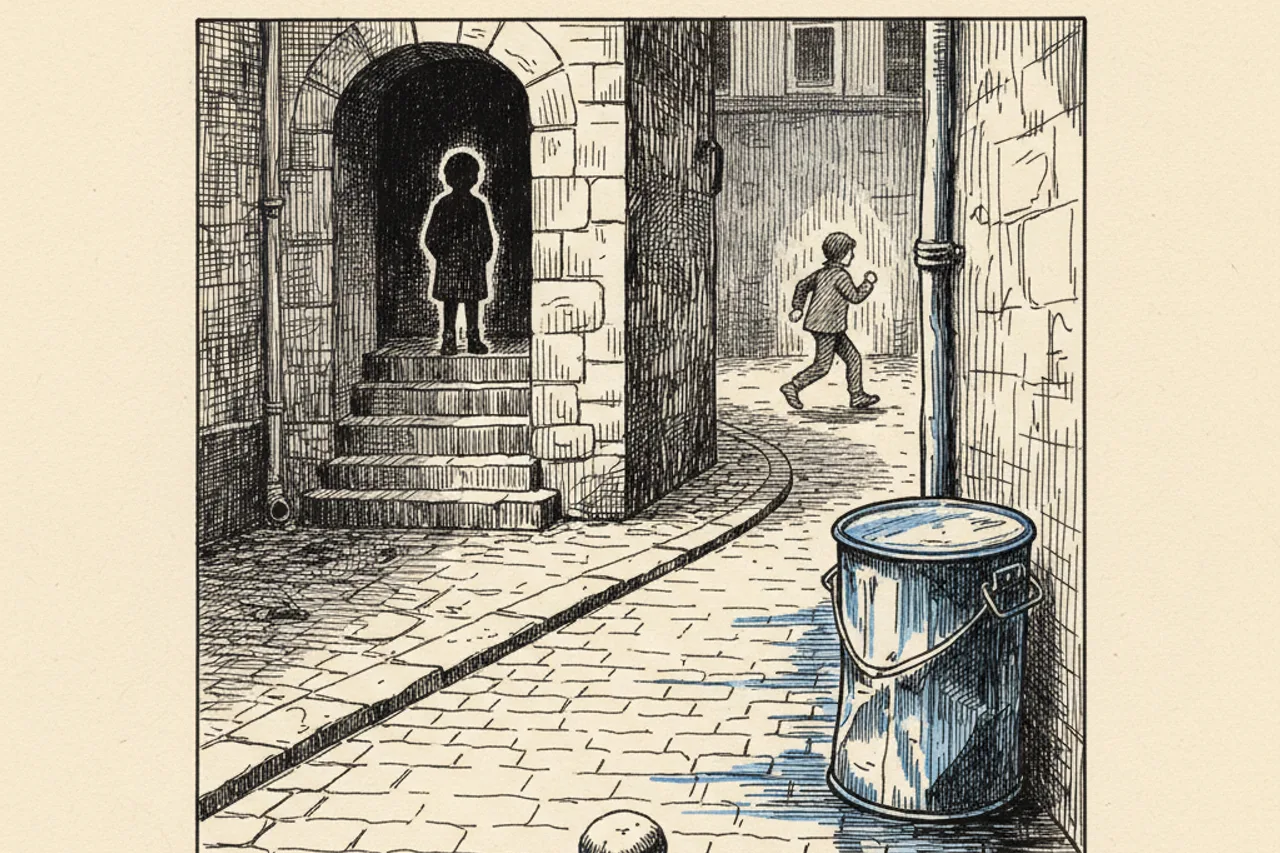 An etched pen-and-ink illustration with a blue accent, evoking "The Clang of Stones: A Childhood in Shadow".