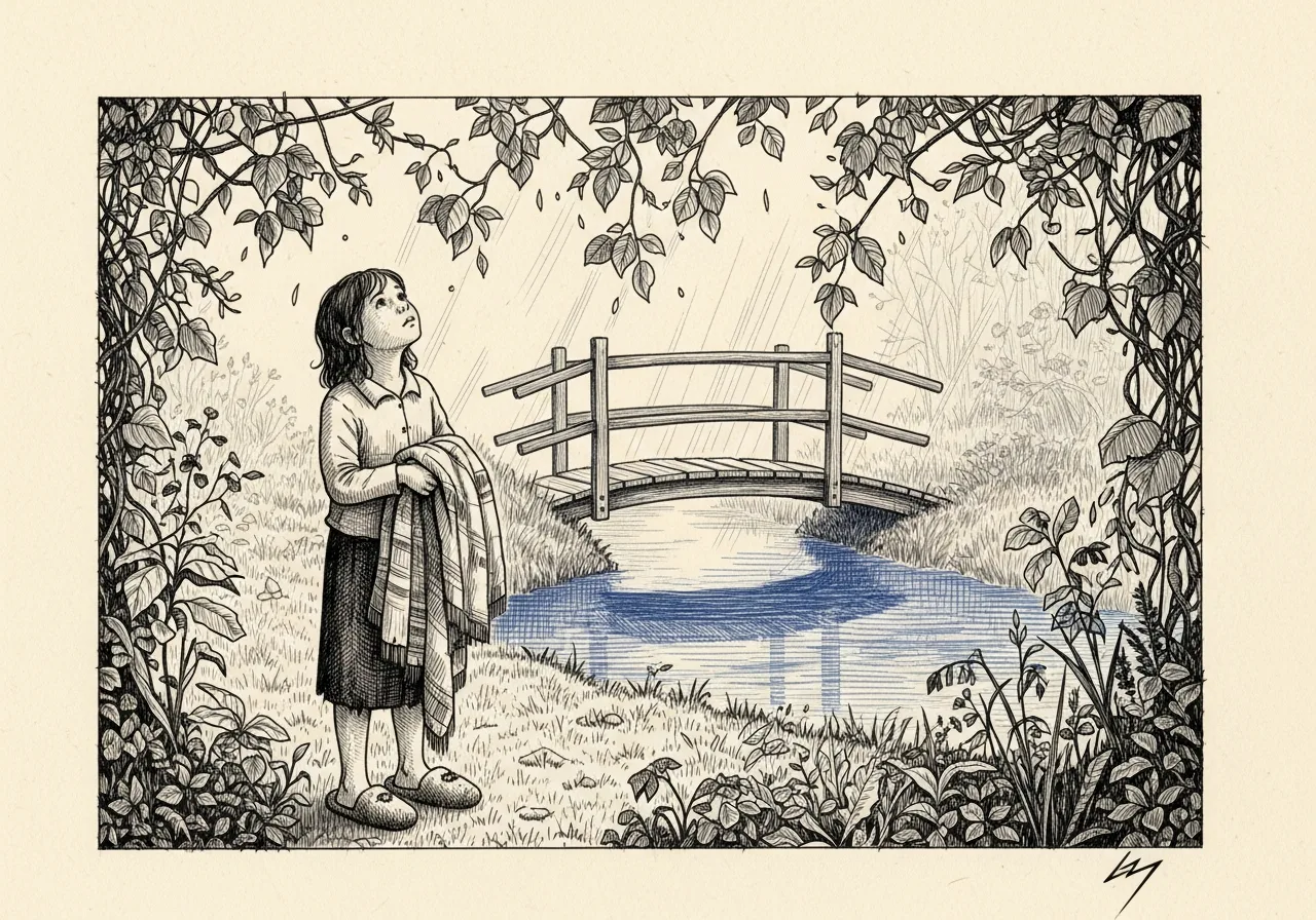 An etched pen-and-ink illustration with a blue accent, evoking "An innocent,".
