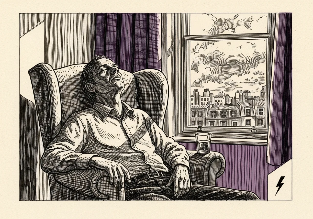 An etched pen-and-ink illustration with a purple accent, evoking "Eyes glazed".