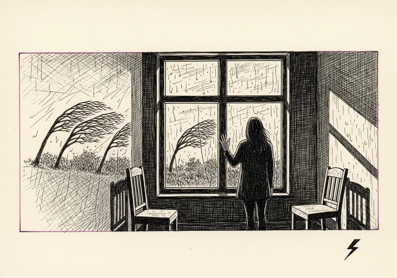 An etched pen-and-ink illustration with a purple accent, evoking "I will not go out again.".