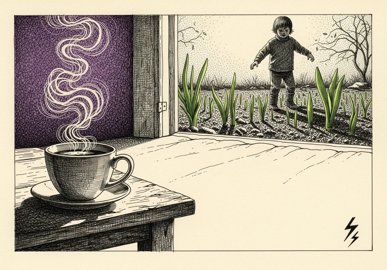 An etched pen-and-ink illustration with a purple accent, evoking "It is close to spring in Australia.".