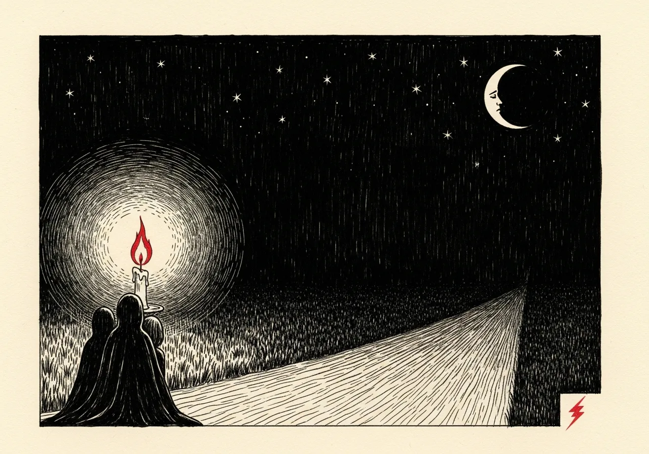 An etched pen-and-ink illustration with a red accent, evoking "When the sun dies".