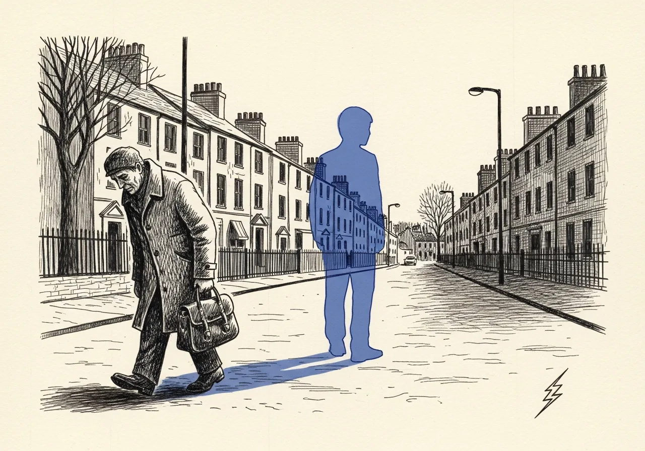 An etched pen-and-ink illustration with a blue accent, evoking "Let me lie.".