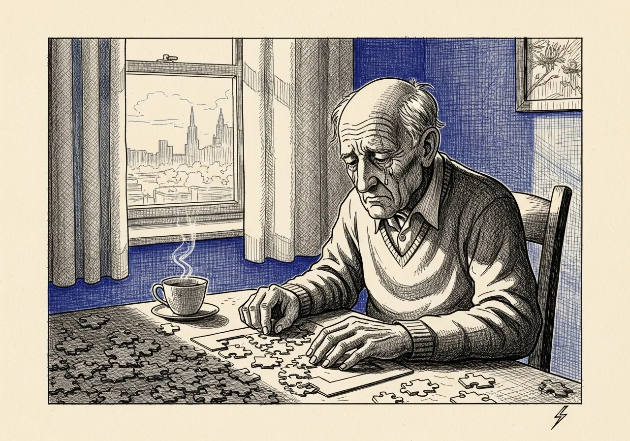 An etched pen-and-ink illustration with a blue accent, evoking "The tears come easily".