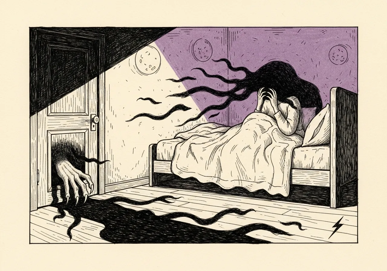 An etched pen-and-ink illustration with a purple accent, evoking "What is this haunting darkness,".