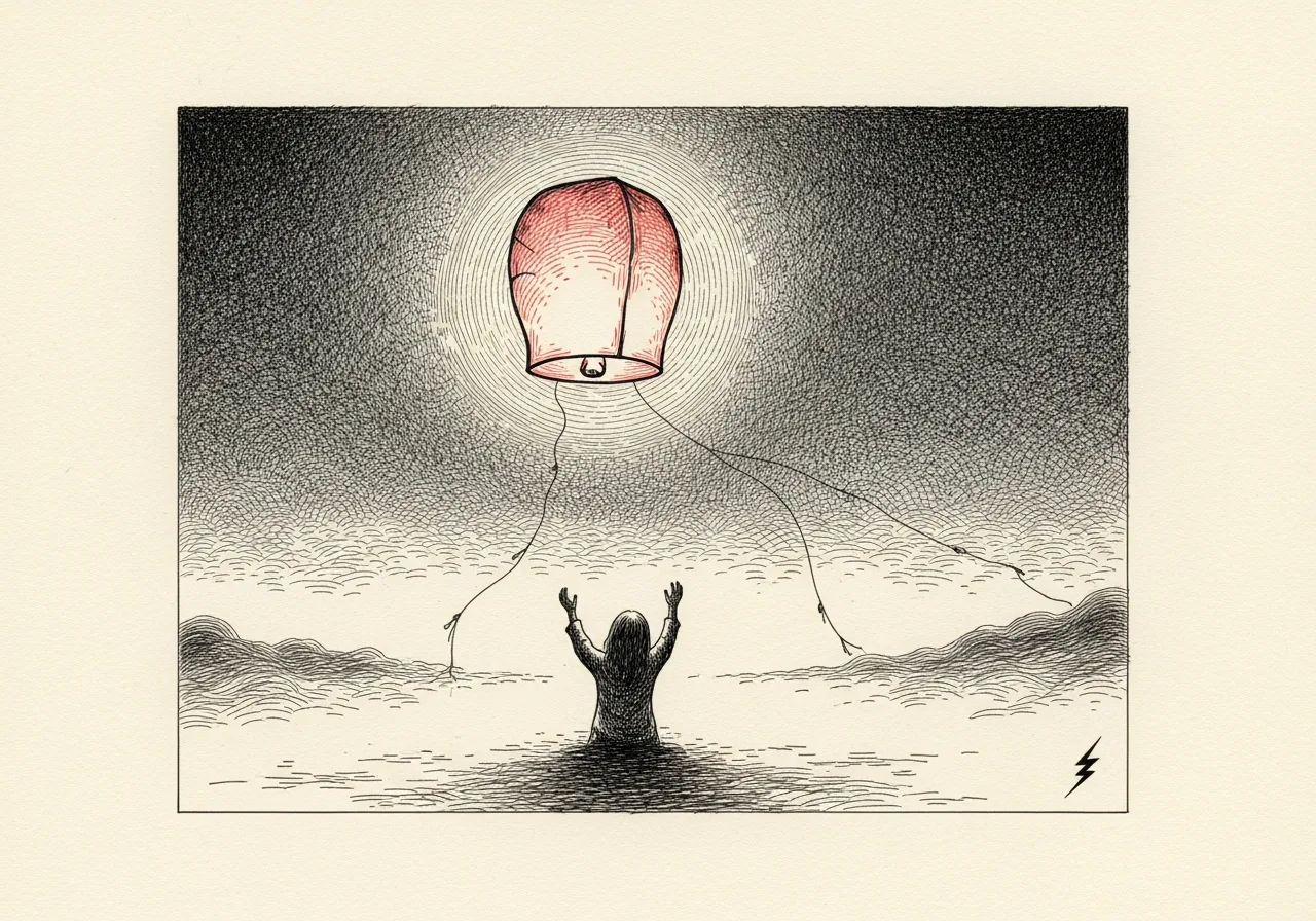 An etched pen-and-ink illustration with a red accent, evoking "There is lightness".