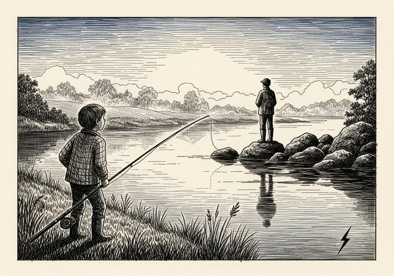 An etched pen-and-ink illustration with a blue accent, evoking "I never liked fishing".