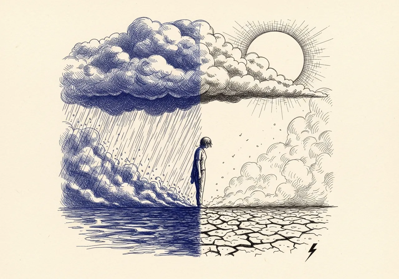 An etched pen-and-ink illustration with a blue accent, evoking "They say the sun".