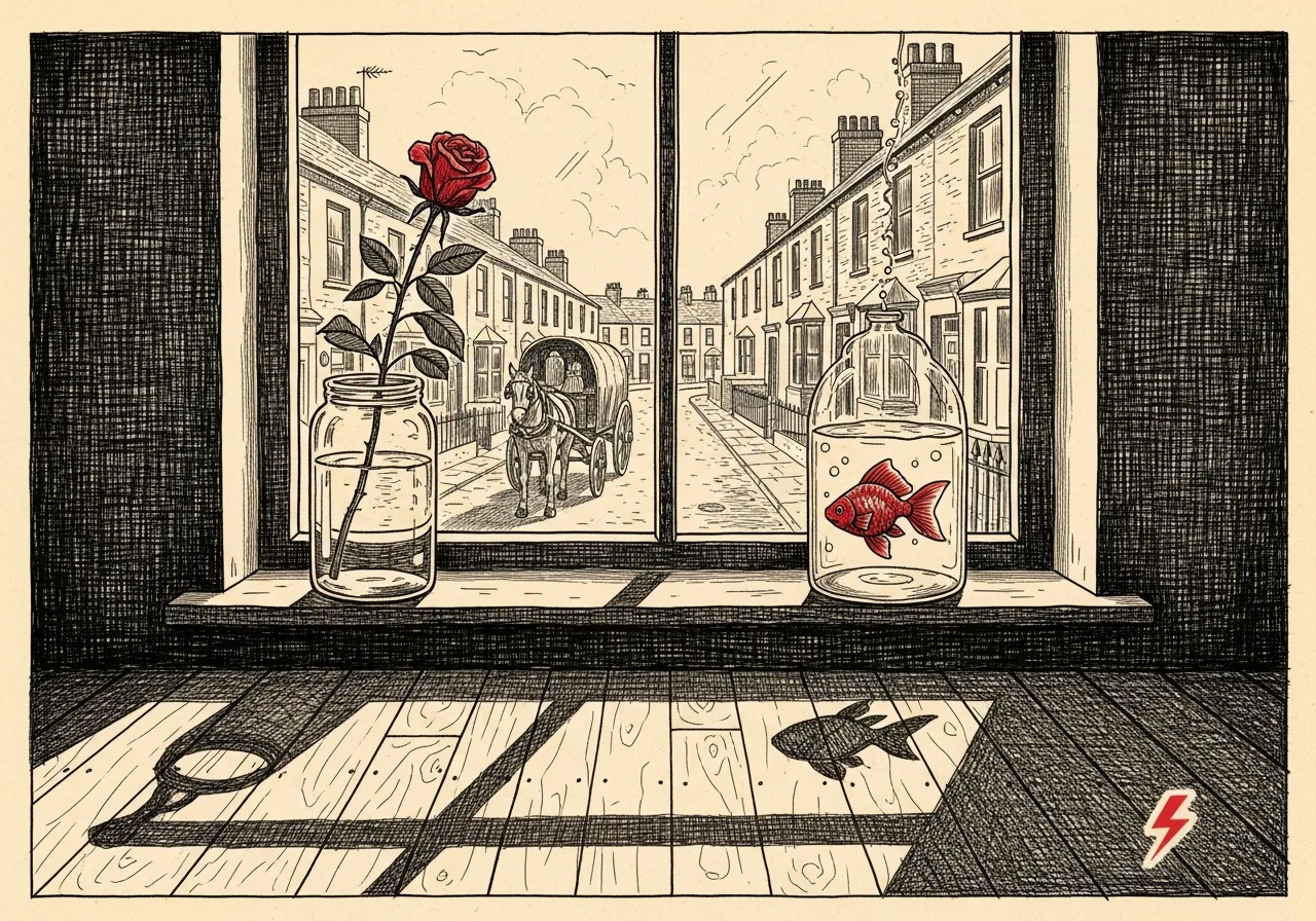 An etched pen-and-ink illustration with a red accent, evoking "A single rose".