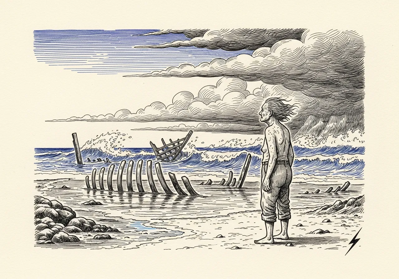 An etched pen-and-ink illustration with a blue accent, evoking "It happens so quickly.".