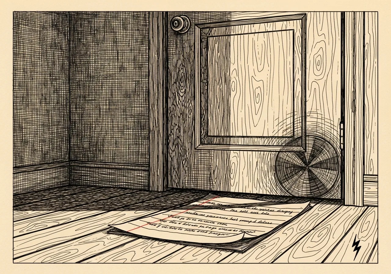 An etched pen-and-ink illustration with a red accent, evoking "He wrote a letter".