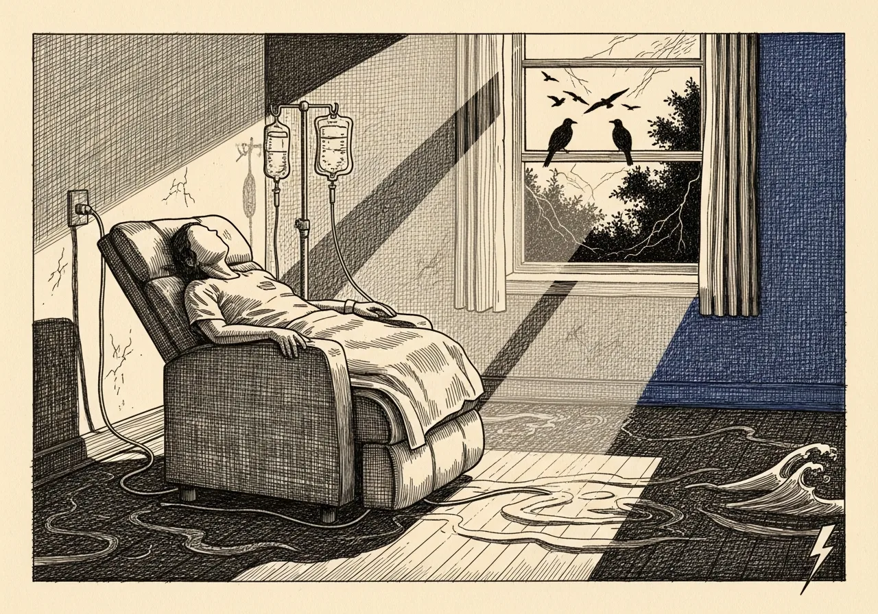 An etched pen-and-ink illustration with a blue accent, evoking "Chemo Stories.".