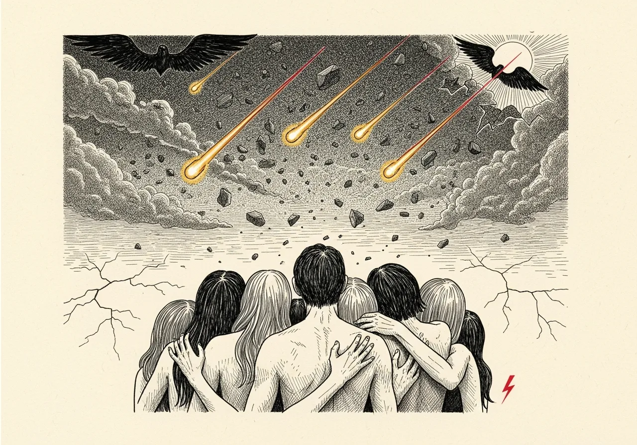 An etched pen-and-ink illustration with a red accent, evoking "They look at the sky".