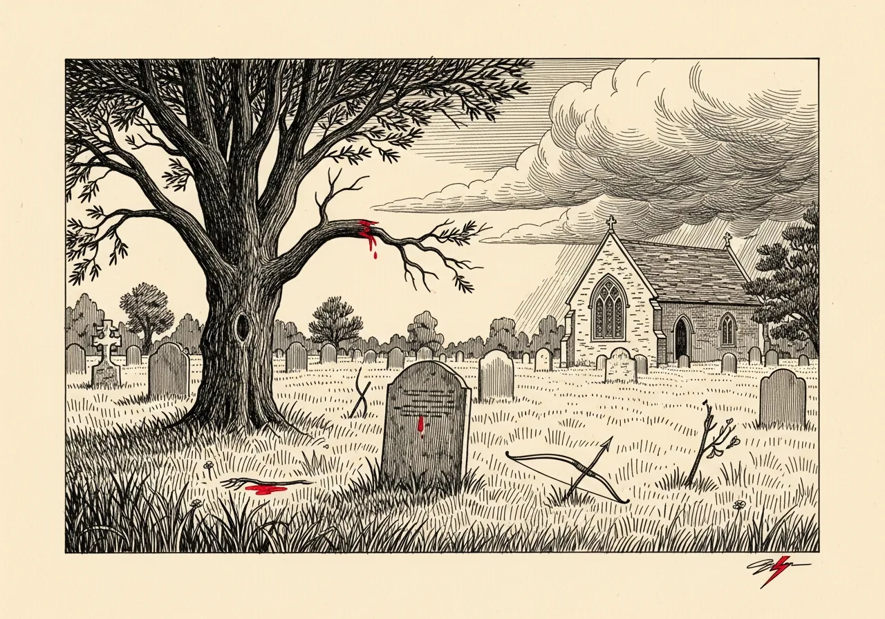 An etched pen-and-ink illustration with a red accent, evoking "It’s bloomin’ September tomorrow. Where did nine months go?".