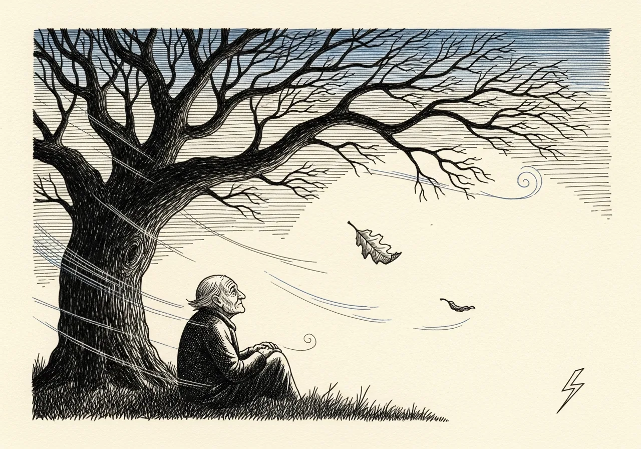 An etched pen-and-ink illustration with a blue accent, evoking "Standing in the dark".