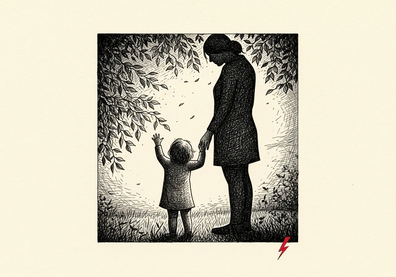 An etched pen-and-ink illustration with a red accent, evoking "We watch them grow into the world.".