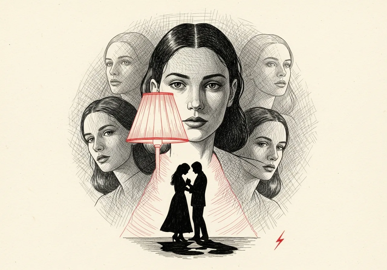 An etched pen-and-ink illustration with a red accent, evoking "She delights".