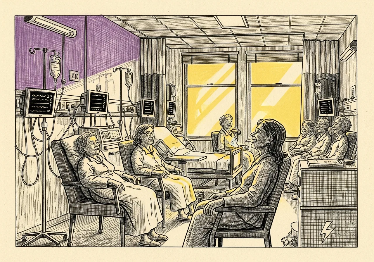An etched pen-and-ink illustration with a purple accent, evoking "The day hospital.".