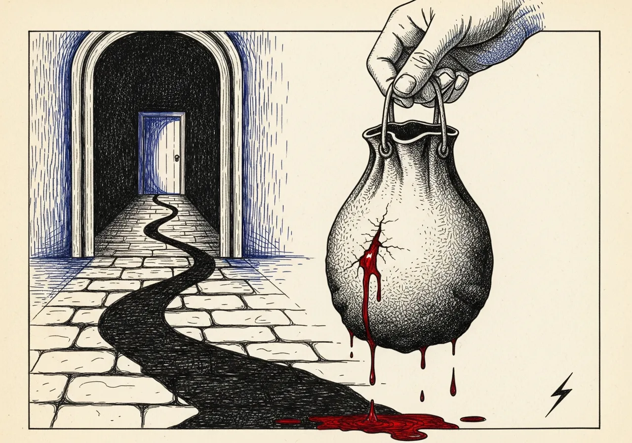 An etched pen-and-ink illustration with a blue accent, evoking "I carry a wineskin".