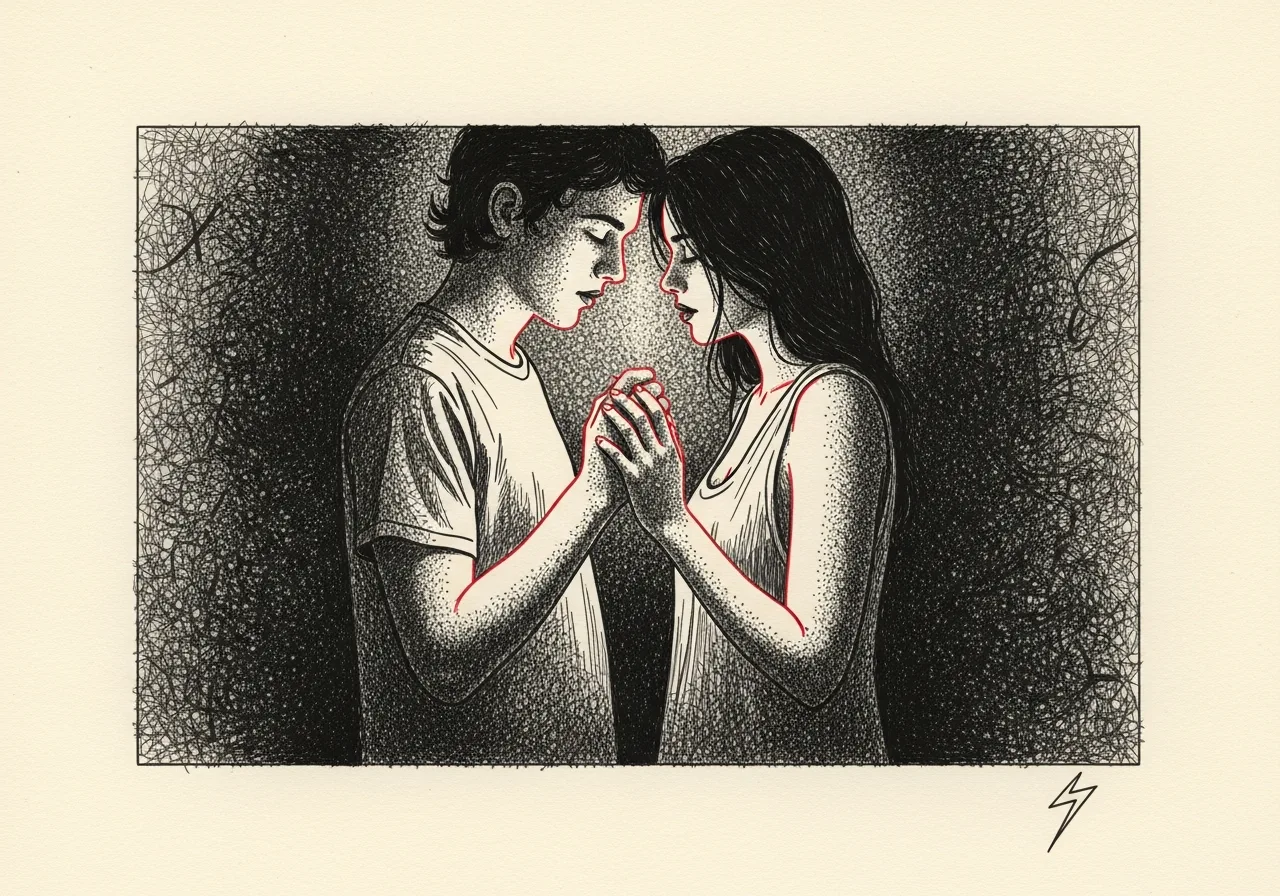 An etched pen-and-ink illustration with a red accent, evoking "At moments like this,".