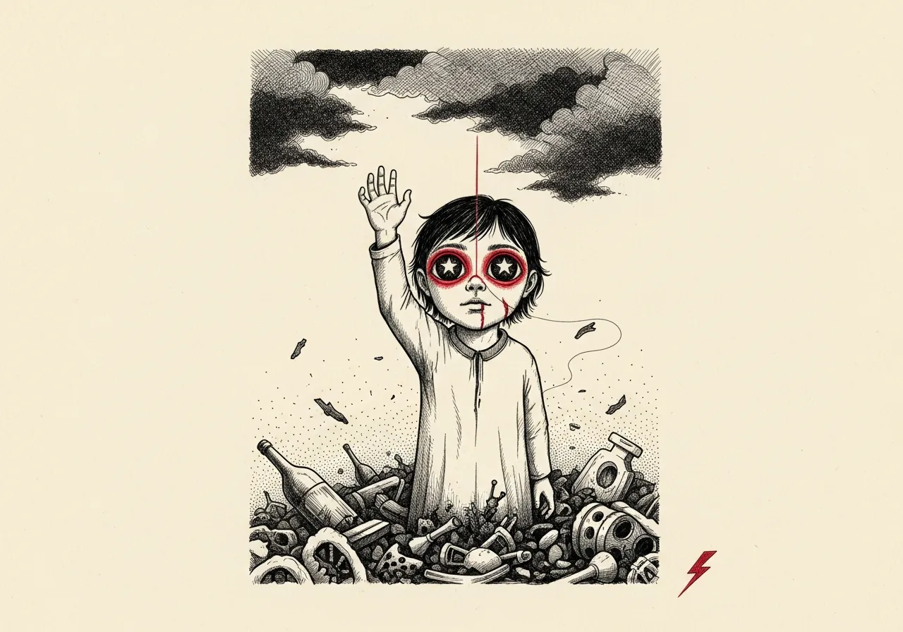 An etched pen-and-ink illustration with a red accent, evoking "There is beauty,".