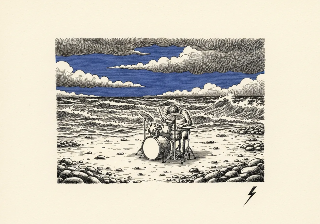 An etched pen-and-ink illustration with a blue accent, evoking "As long as I can still write and drum…".