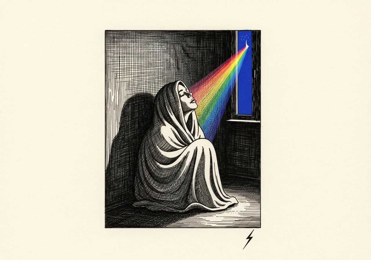 An etched pen-and-ink illustration with a blue accent, evoking "Sometimes, caught in a smile".