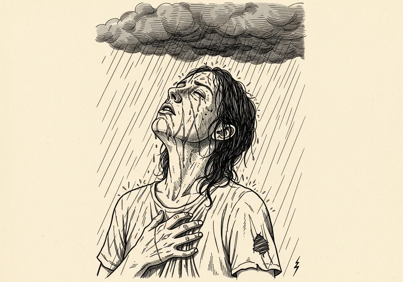 An etched pen-and-ink illustration with a blue accent, evoking "Open wounds,".