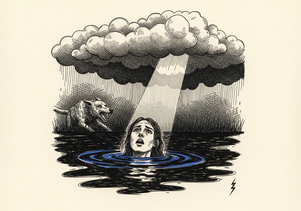 An etched pen-and-ink illustration with a blue accent, evoking "I see no point in it,".