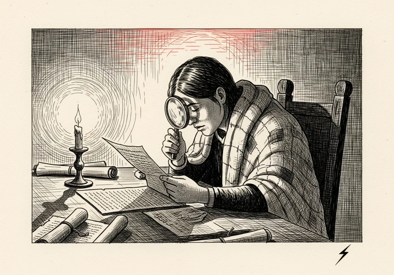 An etched pen-and-ink illustration with a red accent, evoking "Look closer,".