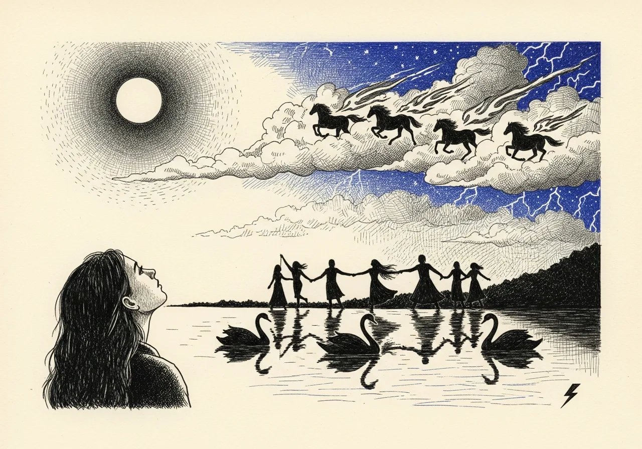 An etched pen-and-ink illustration with a blue accent, evoking "Do gods smile".
