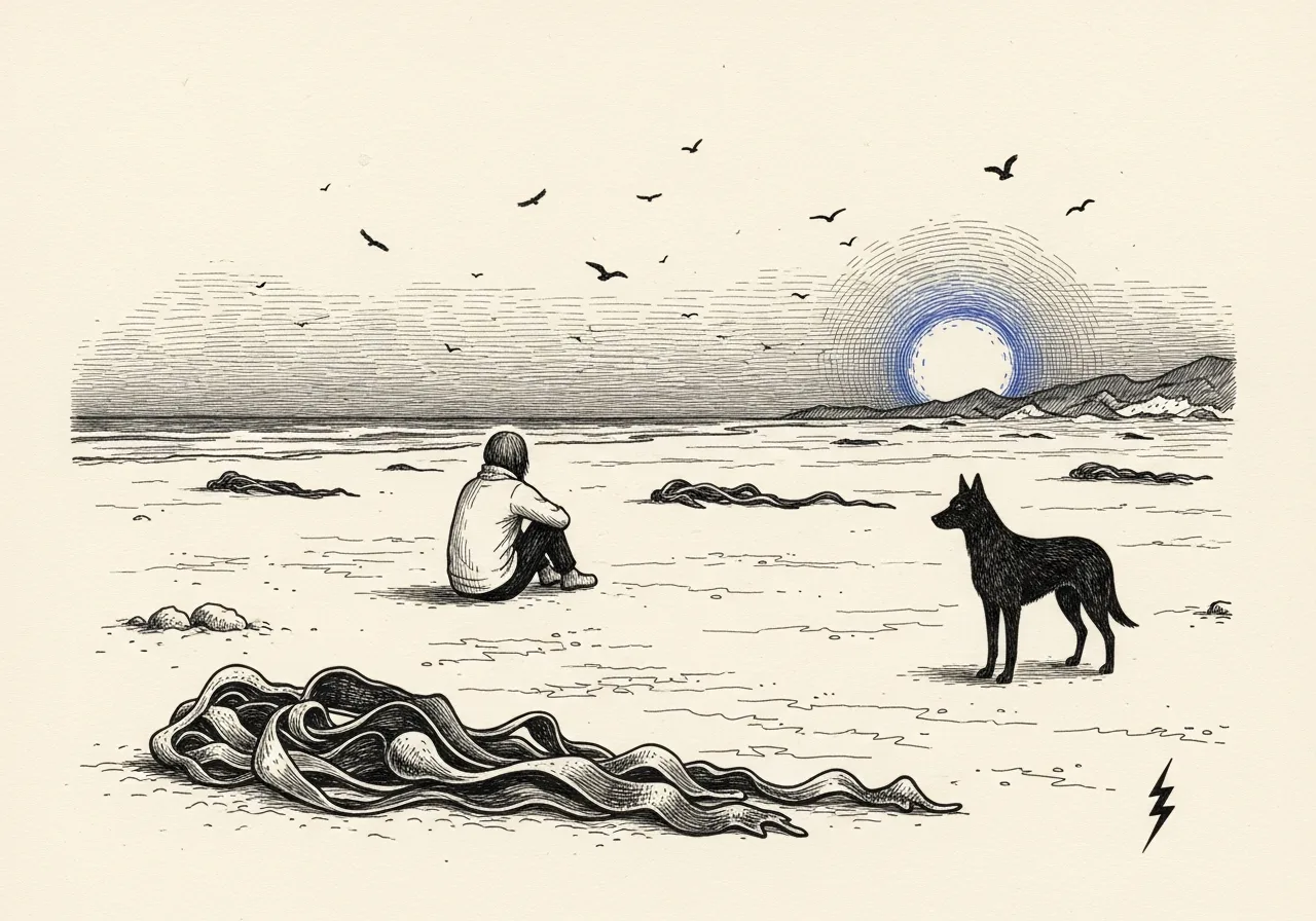 An etched pen-and-ink illustration with a blue accent, evoking "What a thrill".