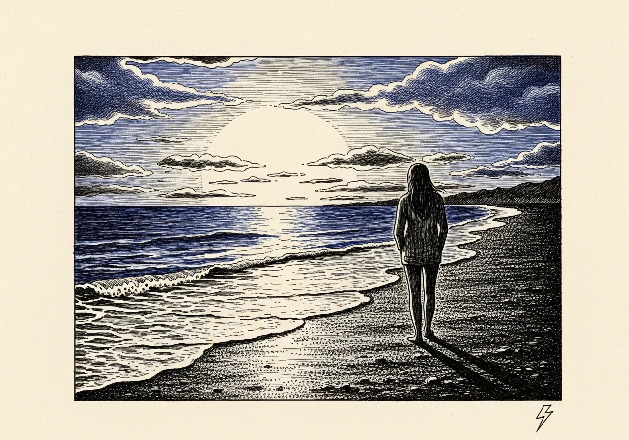An etched pen-and-ink illustration with a blue accent, evoking "Roker beach at midnight".